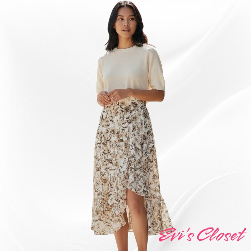 J.Jill Hi Low Midi Women's Midi Skirt Sz M Brown Cream Floral Faux Wrap NWOT
